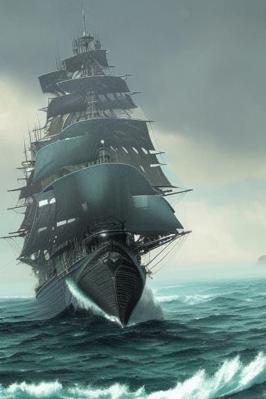 War Frigate Sailing on Stormy Sea: Detailed View
