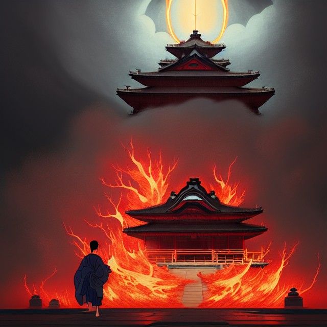 Burning Temple in Lightning Storm: Ukiyo-e Concept Art