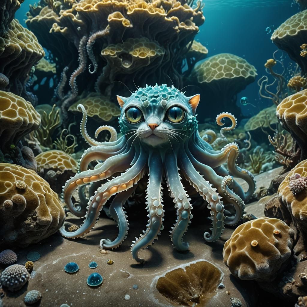 Surreal Cat with Tentacles in Bioluminescent Grotto