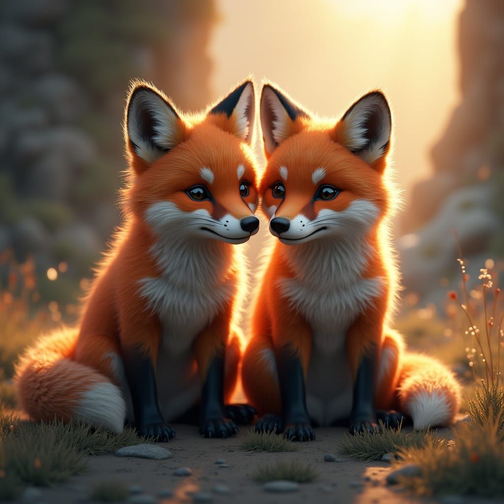Adorable Baby Fox and Wolf Portrait in Fantasy Style