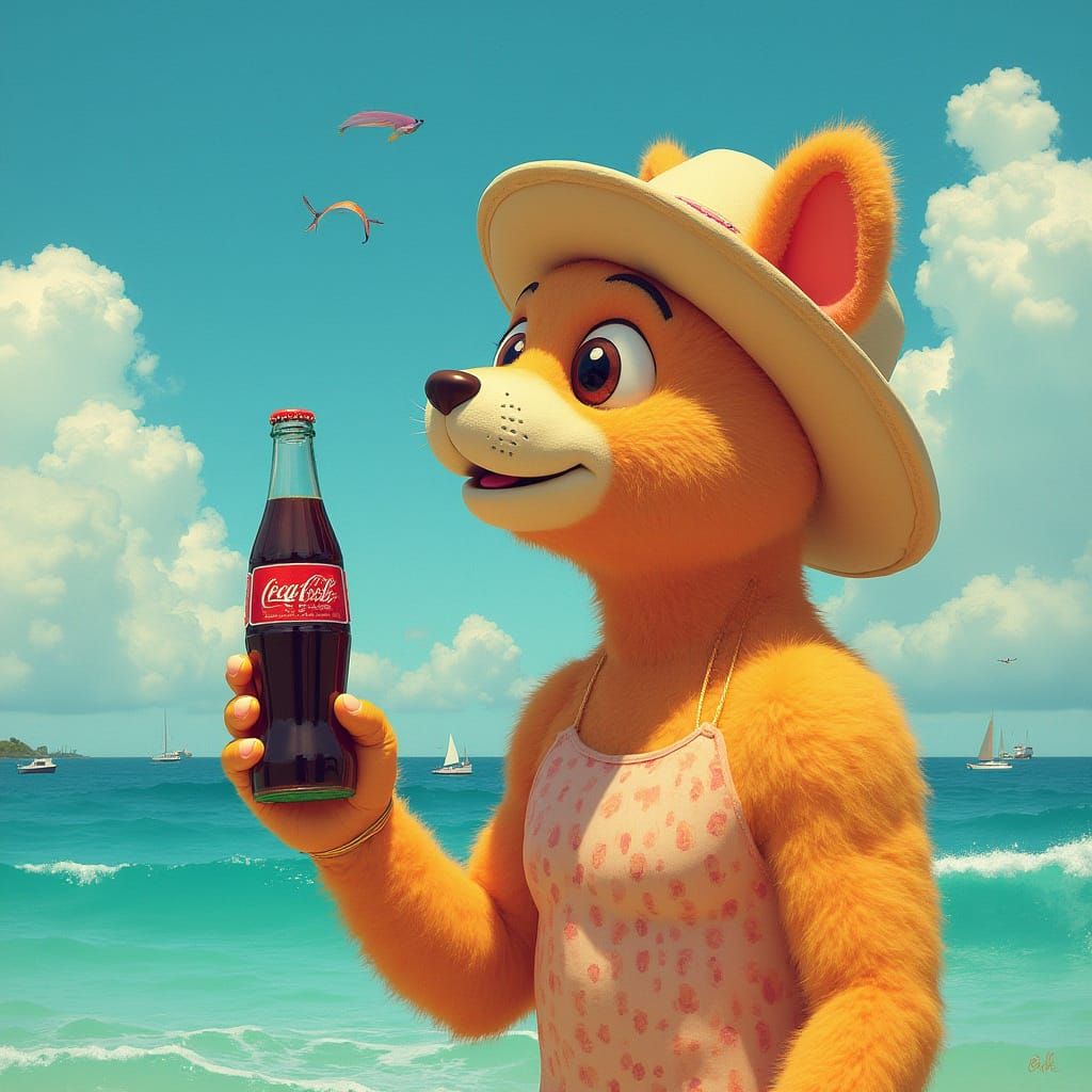 Baboons in Swimsuits Drinking Coca-Cola on Sunny Beach