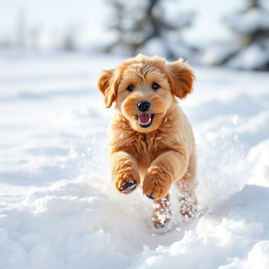 Goldendoodle Leaping Through Snowy Landscape