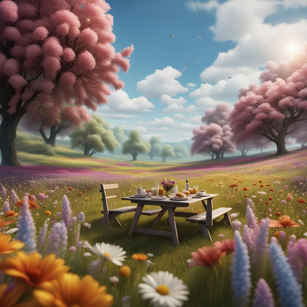 Happy Couple's Picnic in a Flower Field