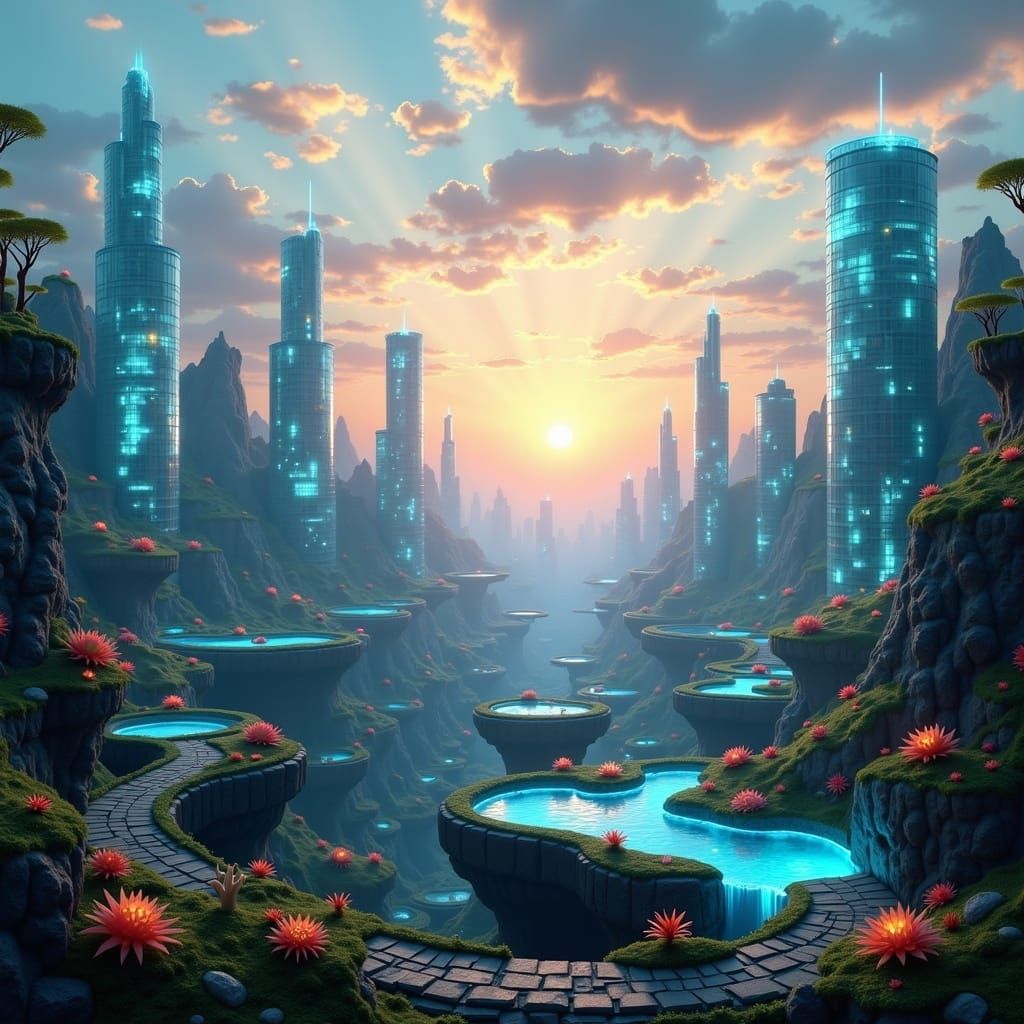 Dreamlike City of Translucent Towers at Sunset