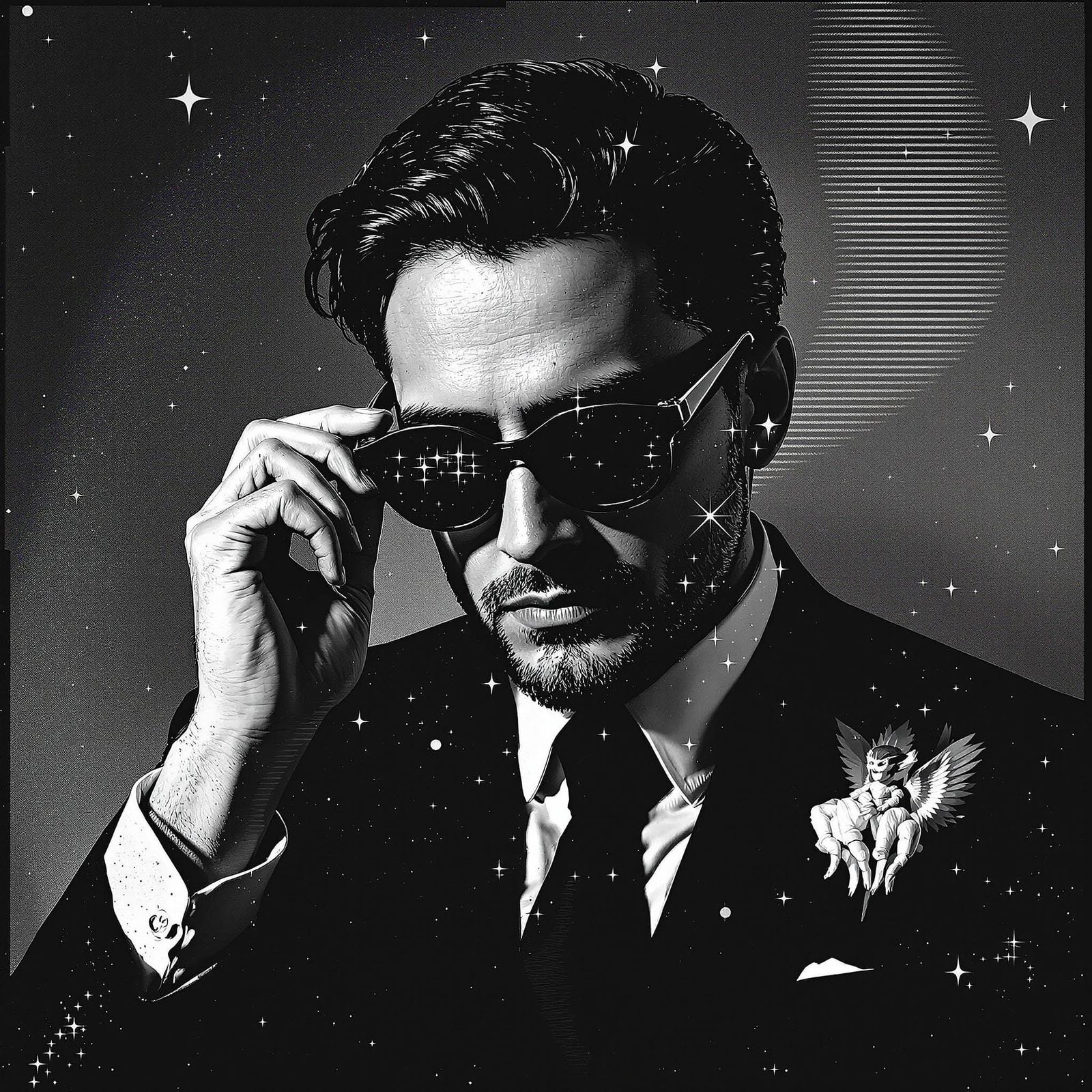 A Man in a Suit Adjusts His Glitched Horn-Rimmed Sunglasses