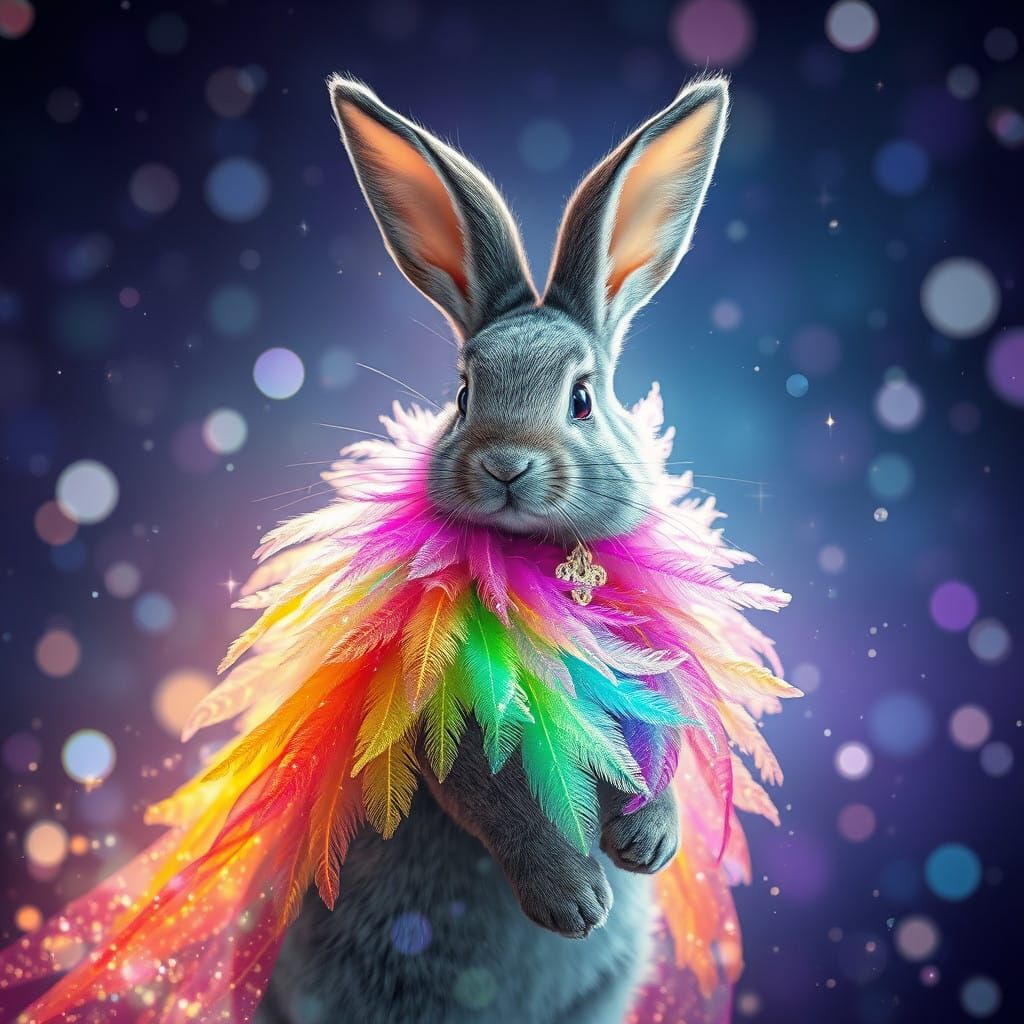 Twilight's Enchantment: The Mystical Cosmic Bunny in Rainbow Featherscape