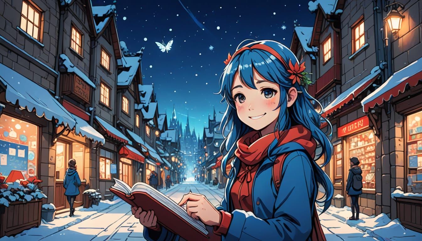 Anime Fairy in Winter Street Scene with Line Art