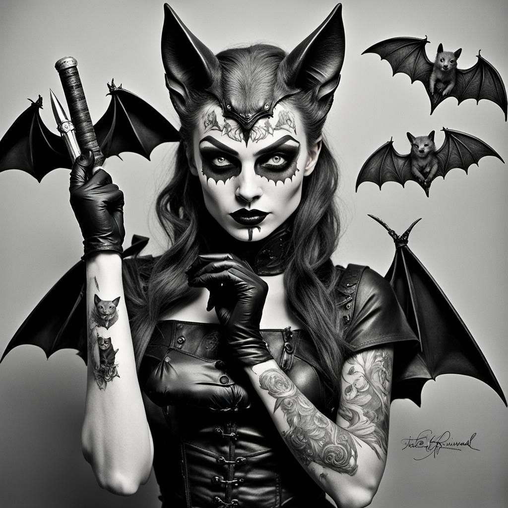 Glamorous Model and Bat in Campy Horror Image