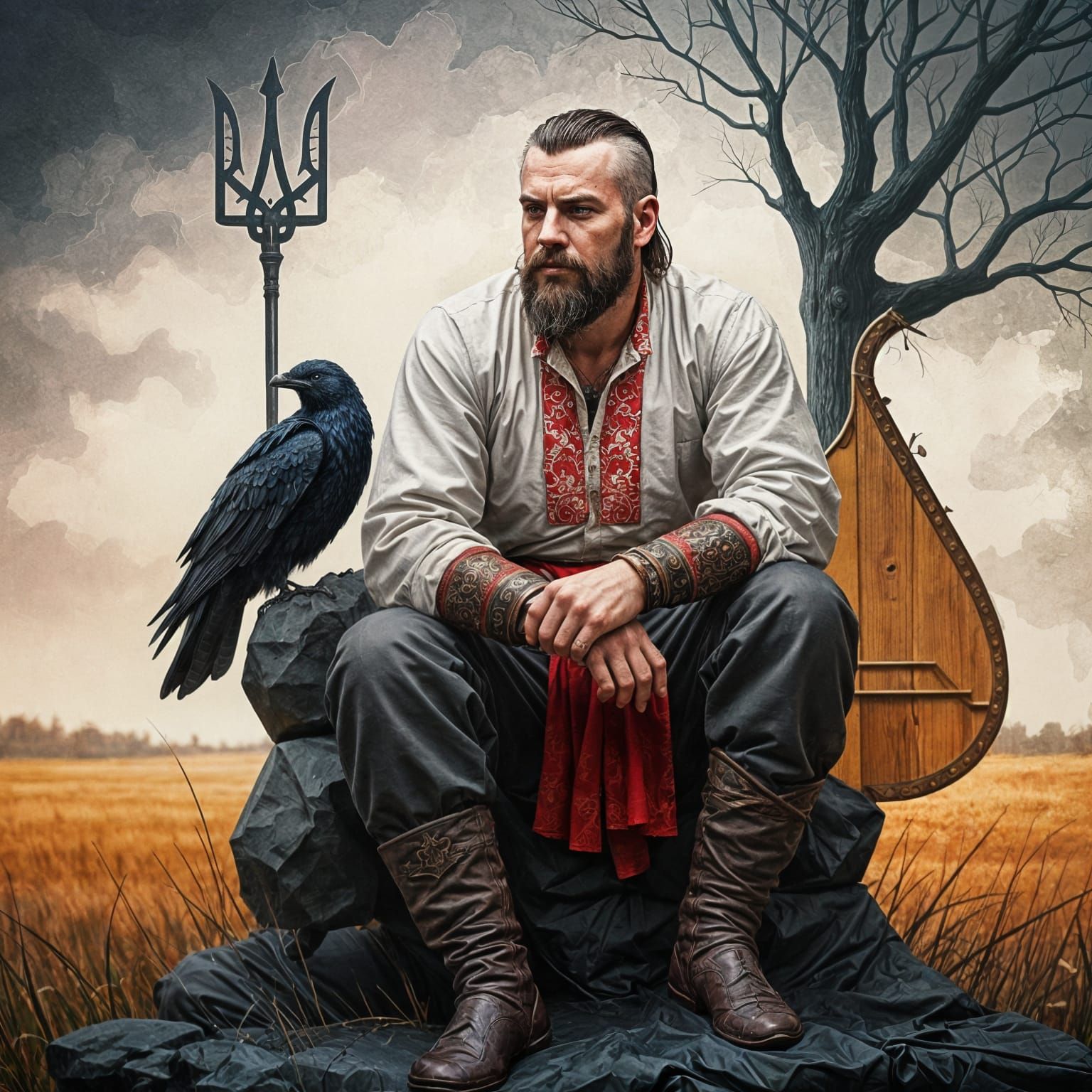 Stern Warrior in Embroidered Shirt: Digital Painting