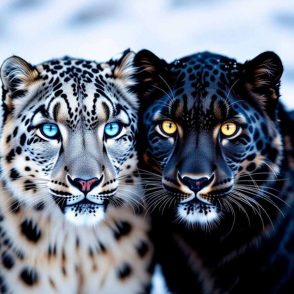 Leopards with Blue and Yellow Eyes in Snow
