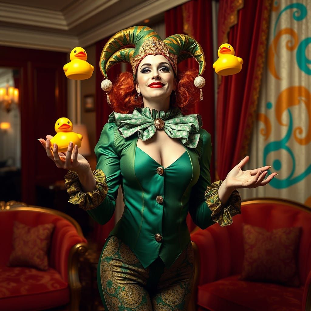 Vibrant Harlequin Jester in Emerald Green and Gold