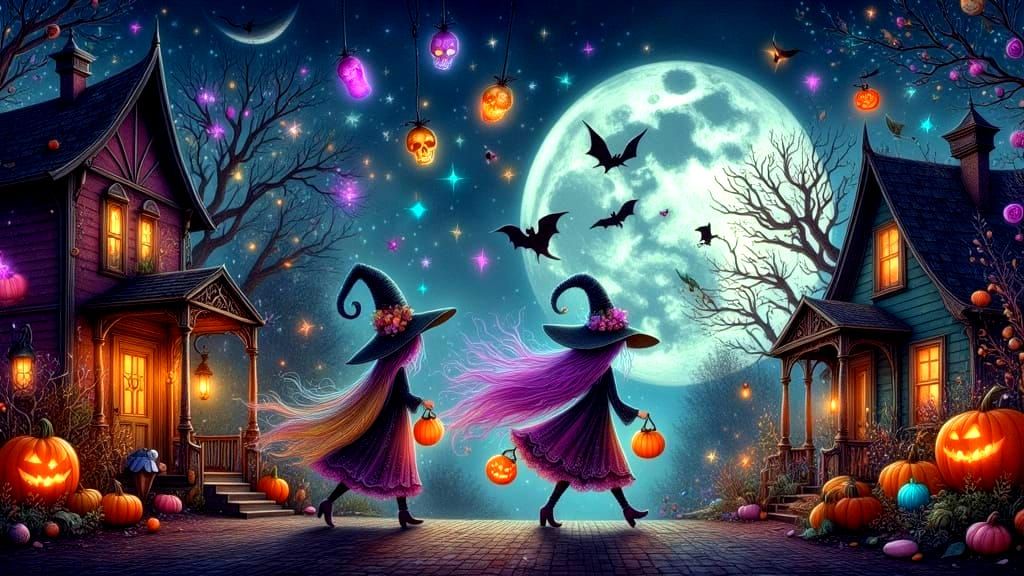 Ghostly Trick-or-Treaters in a Misty Halloween Town