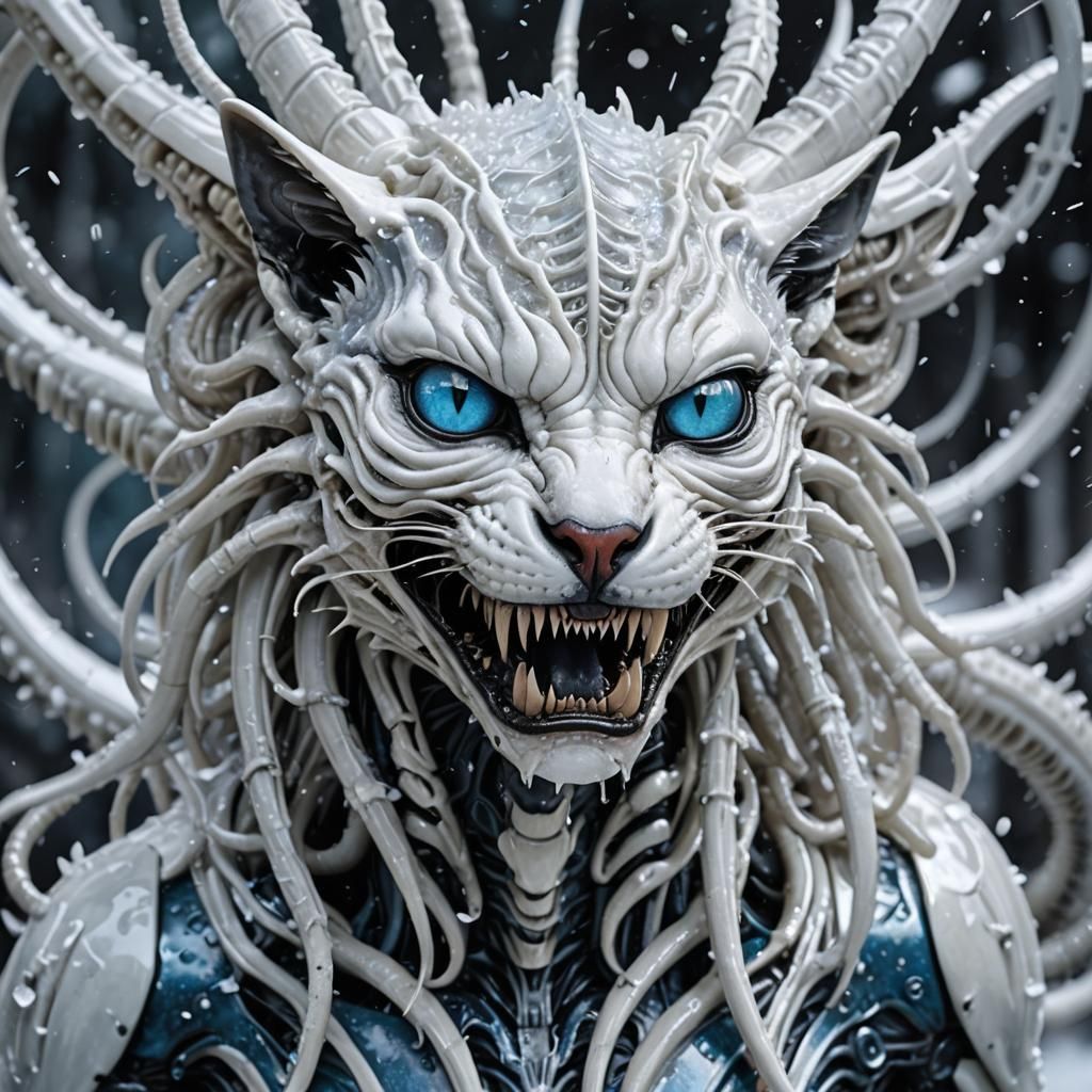 Biomechanical Xenomorph Hybrid: Snow-White Cat with Blue Eye...