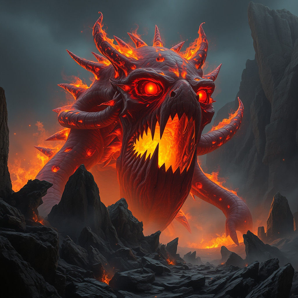 Colossal Fire Entity Unleashes Assault: Dark Fantasy Matte P...