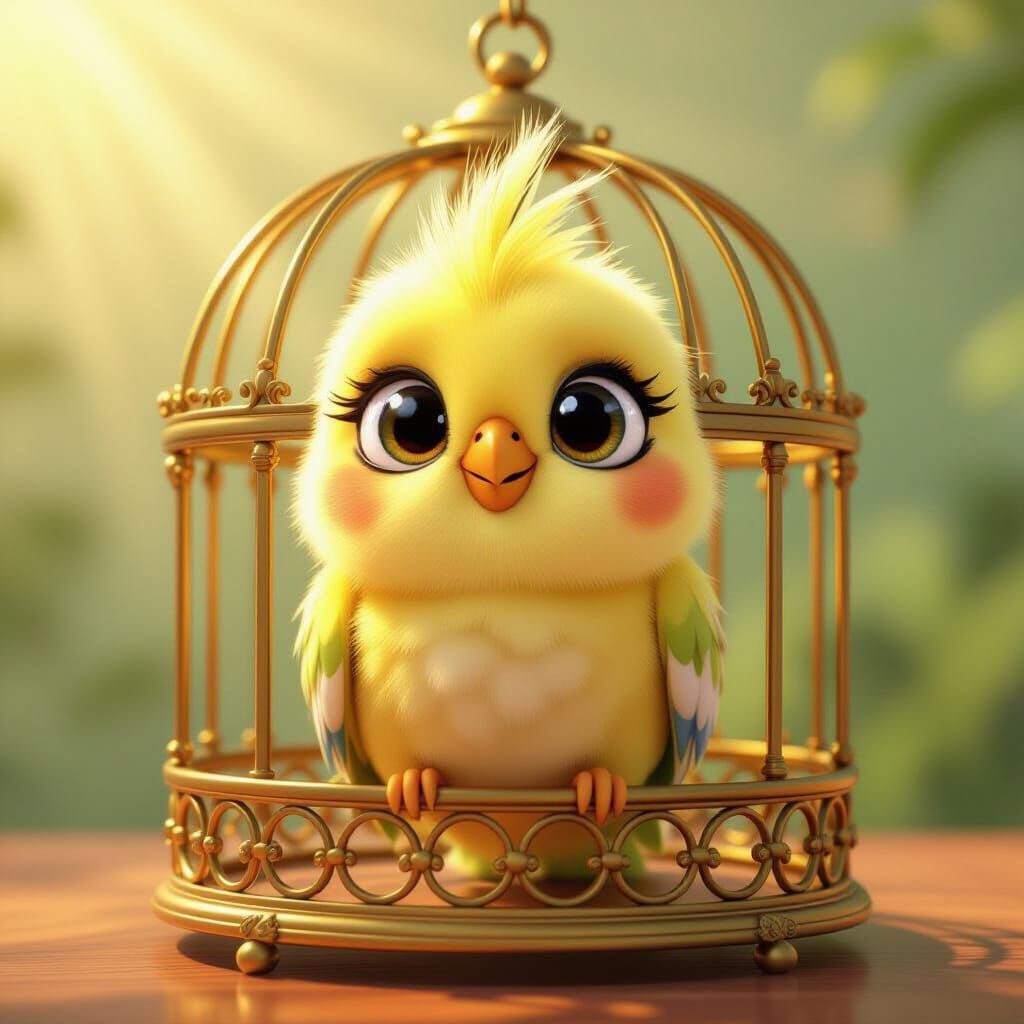 Cute Yellow Cockatiel in Ornate Golden Cage