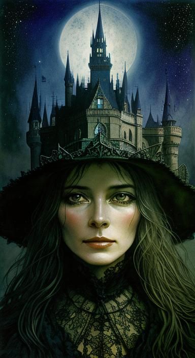 Cowgirl Witch Portrait in Beksiński-Rackham Style