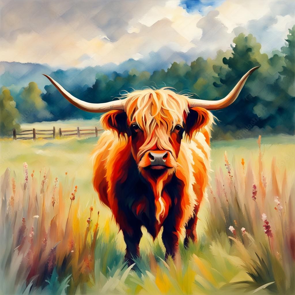 Highland Cow in Field: Gouache Watercolor Masterpiece