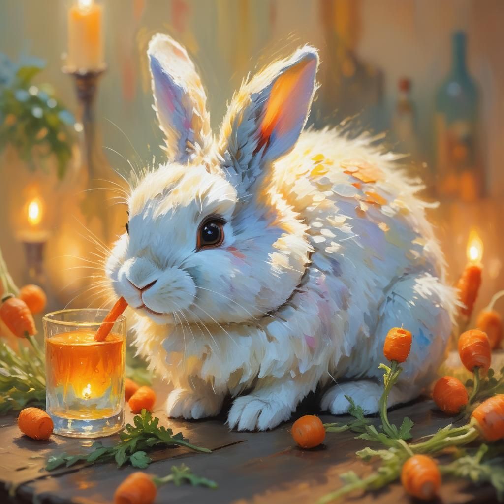 Happy Bunny Drinks Liquor in Impressionist Oil Painting