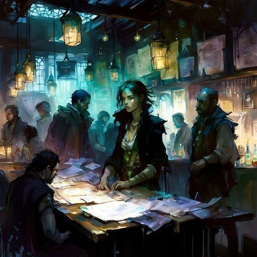 Fantasy Tavern Scene with Adventurers, Ink Flow Style