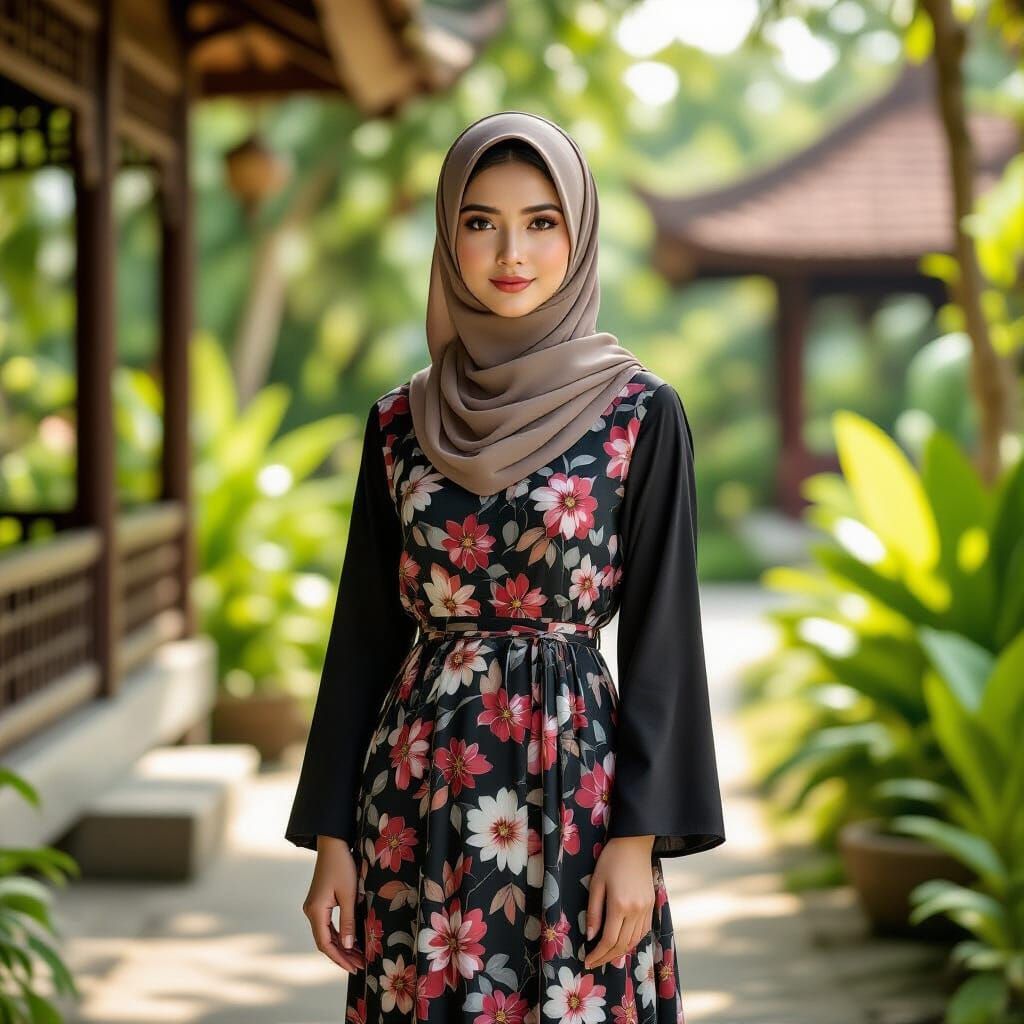 Indonesian Woman in Lush Cultural Garden