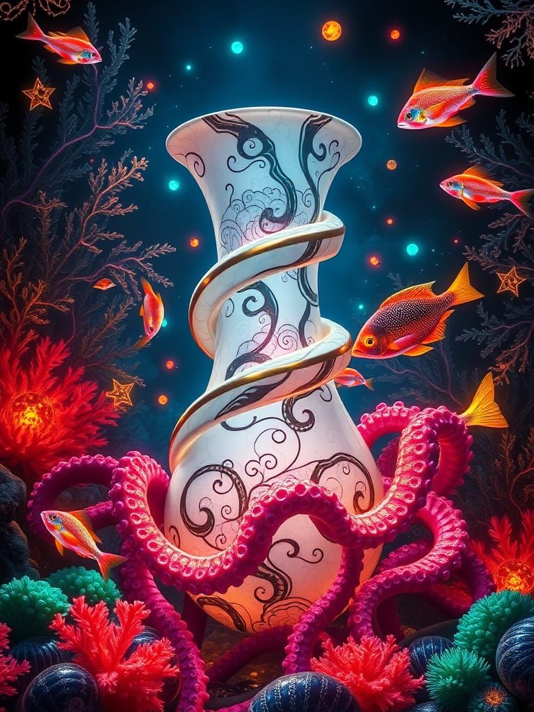 Kintsugi Vase in Bioluminescent Ocean