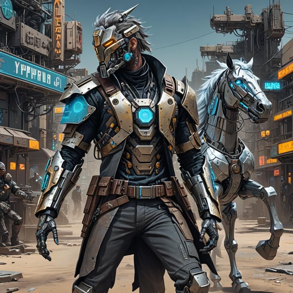 Cybernetic Cowboy Rides Steel Grey Mechanical Horse through...