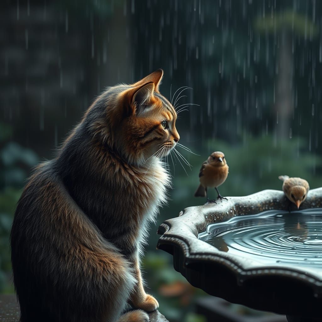 Photorealistic Rainy Birdbath Scene with Glistening Cat