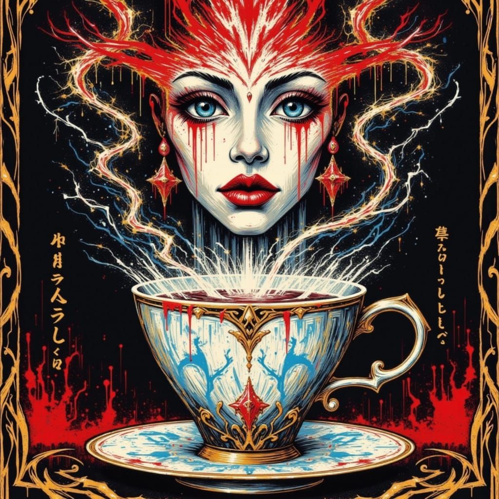 <lora:Inkblossom Noir:1.0> :Sentient porcelain teacup with s...