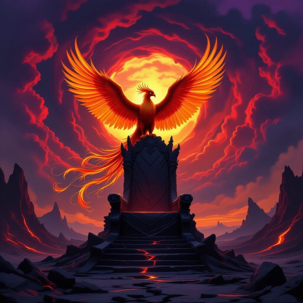 Majestic Phoenix on Obsidian Throne in Volcanic Landscape