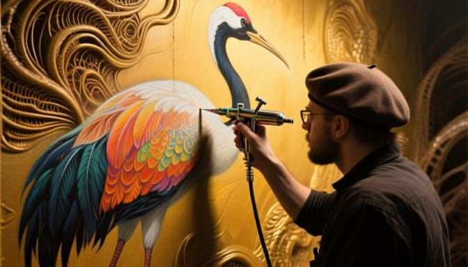 Airbrush Artist Painting Exotic Crane Mural