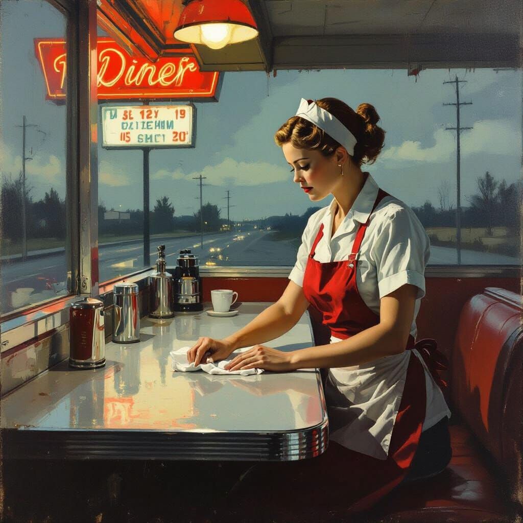 Diner Waitress in a Deserted Roadside Diner
