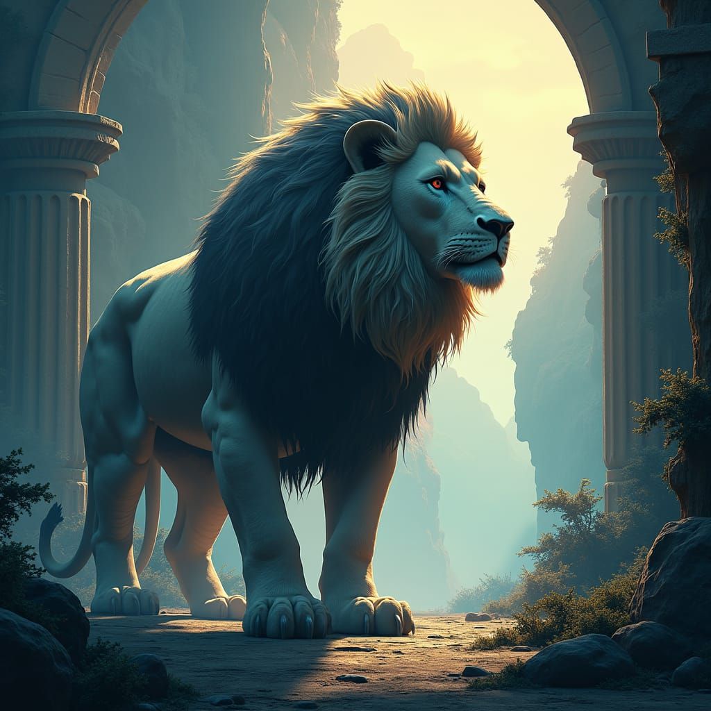 Monochromatic Lion Guarding Mystical Kingdom: Comic Book Sty...