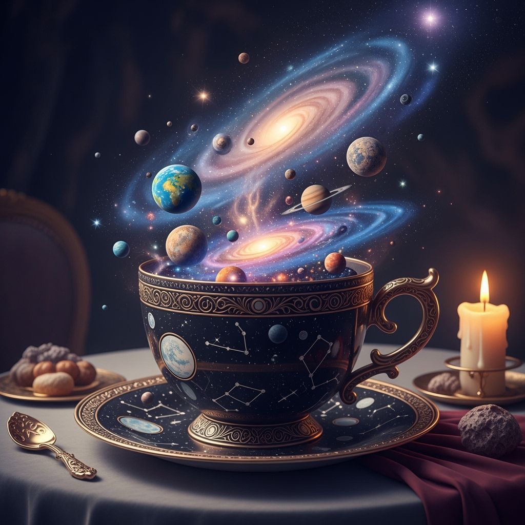Cosmic Teacup with Orbiting Planets and Nebulae