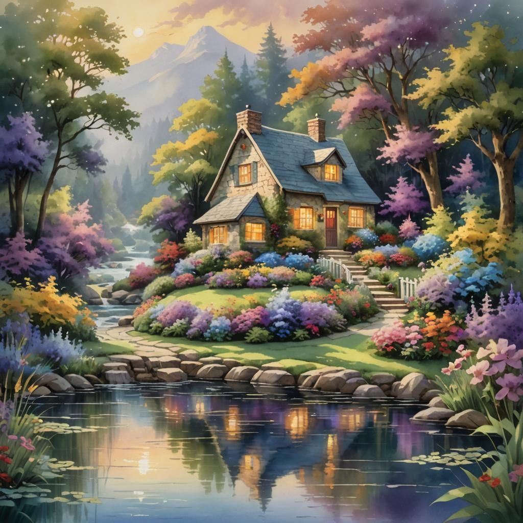 Whimsical Cottage by River in Watercolor Style