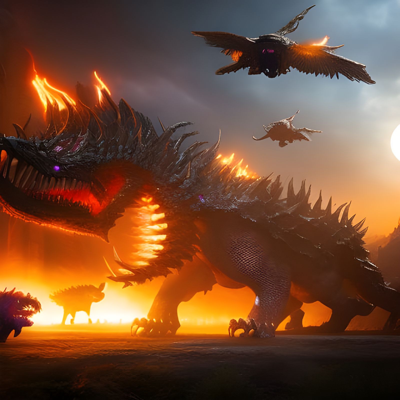 Mystical Creatures Fleeing Destruction in Dark Fantasy Style