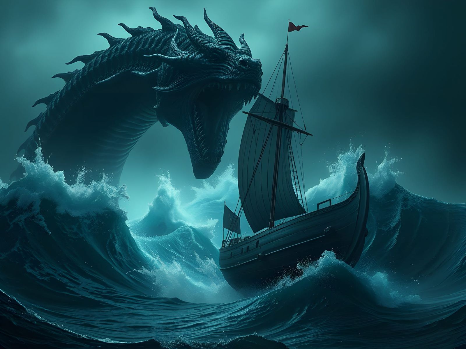 Giant Sea Serpent Attacks Sailboat in Dark Fantasy Art