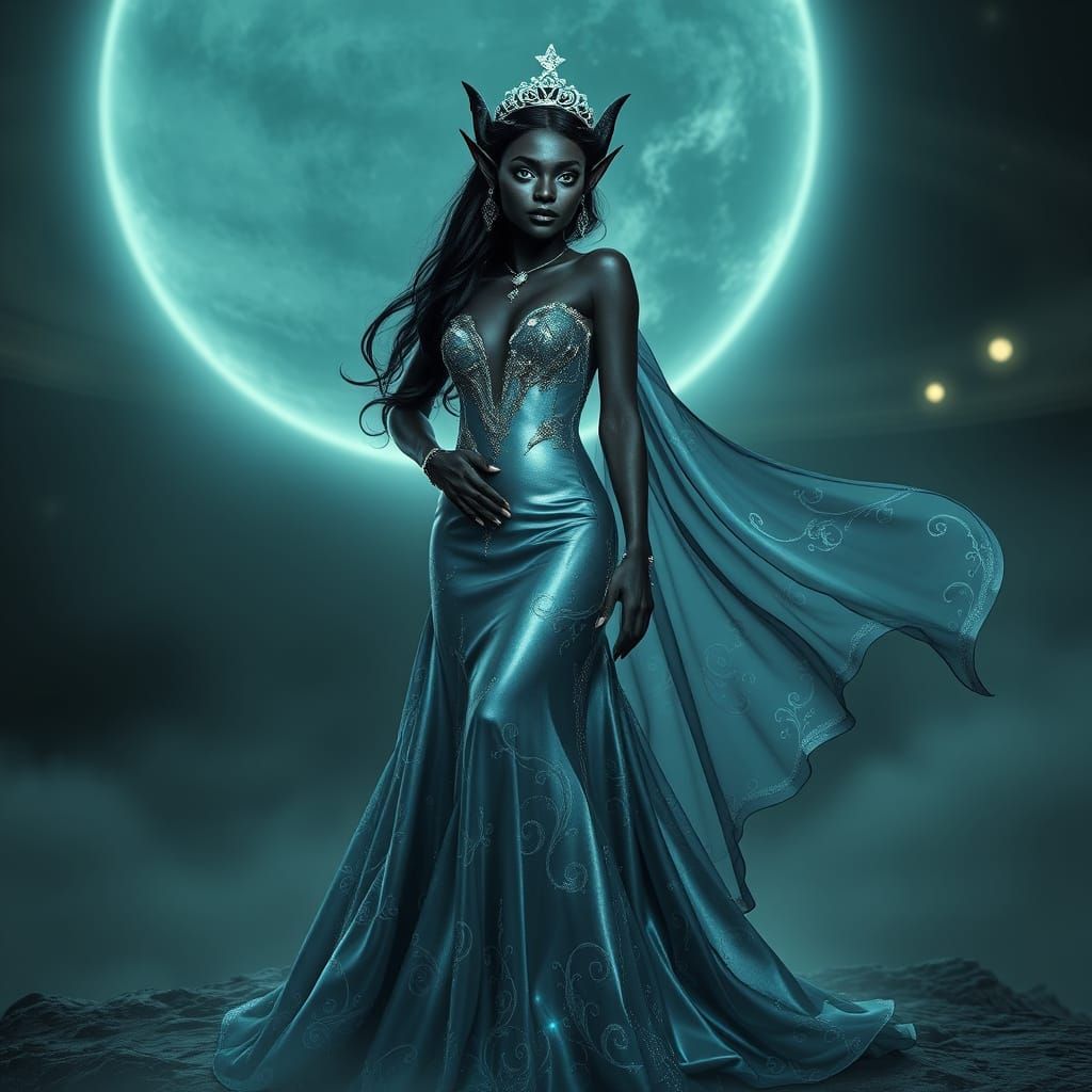 Ethereal Black Elf Woman on Saturn's Moonlit Surface