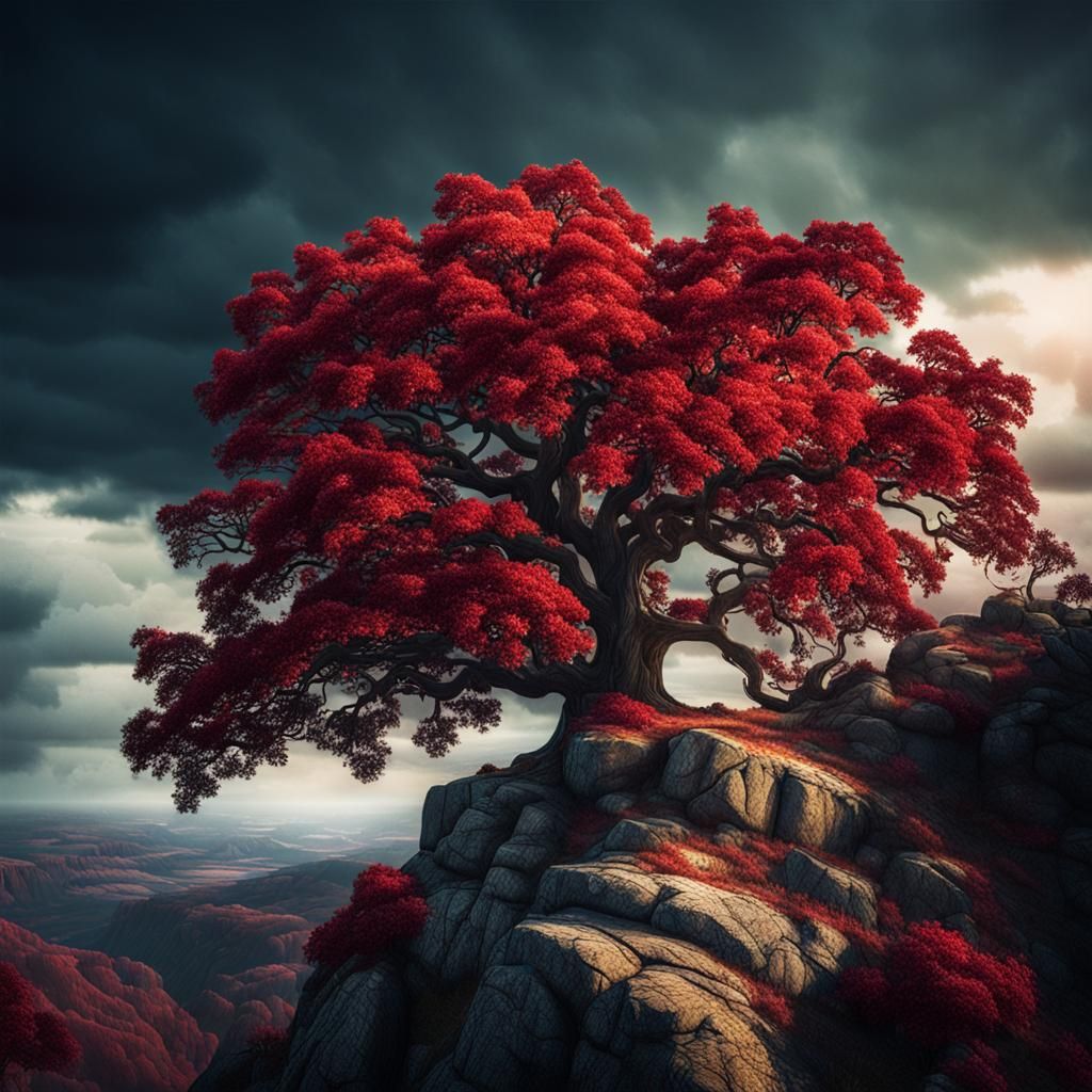 Glowing Oak Tree on Cliff: Cinematic Film Still