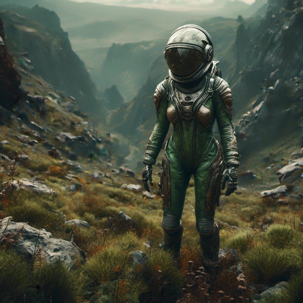 Woman in Spacesuit Among Alien Insects