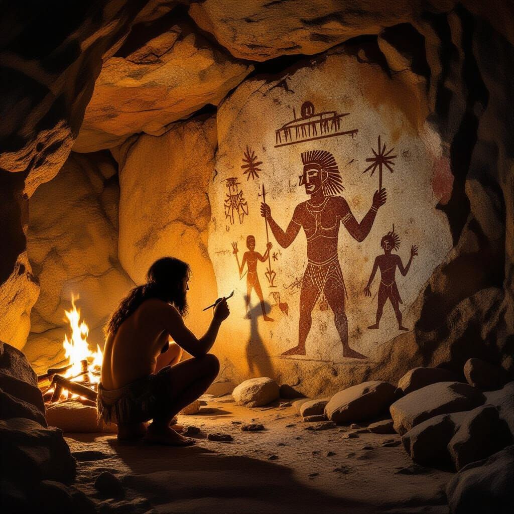 Ancient Human Drawing Cave Art by Firelight