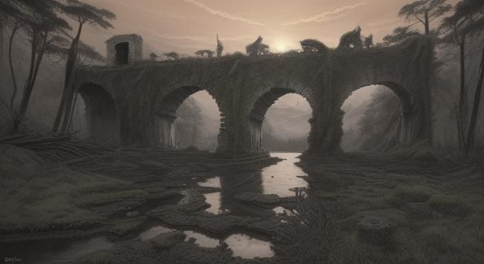 Moss-Draped Ruined Bridge at Sunset: Charcoal Drawing