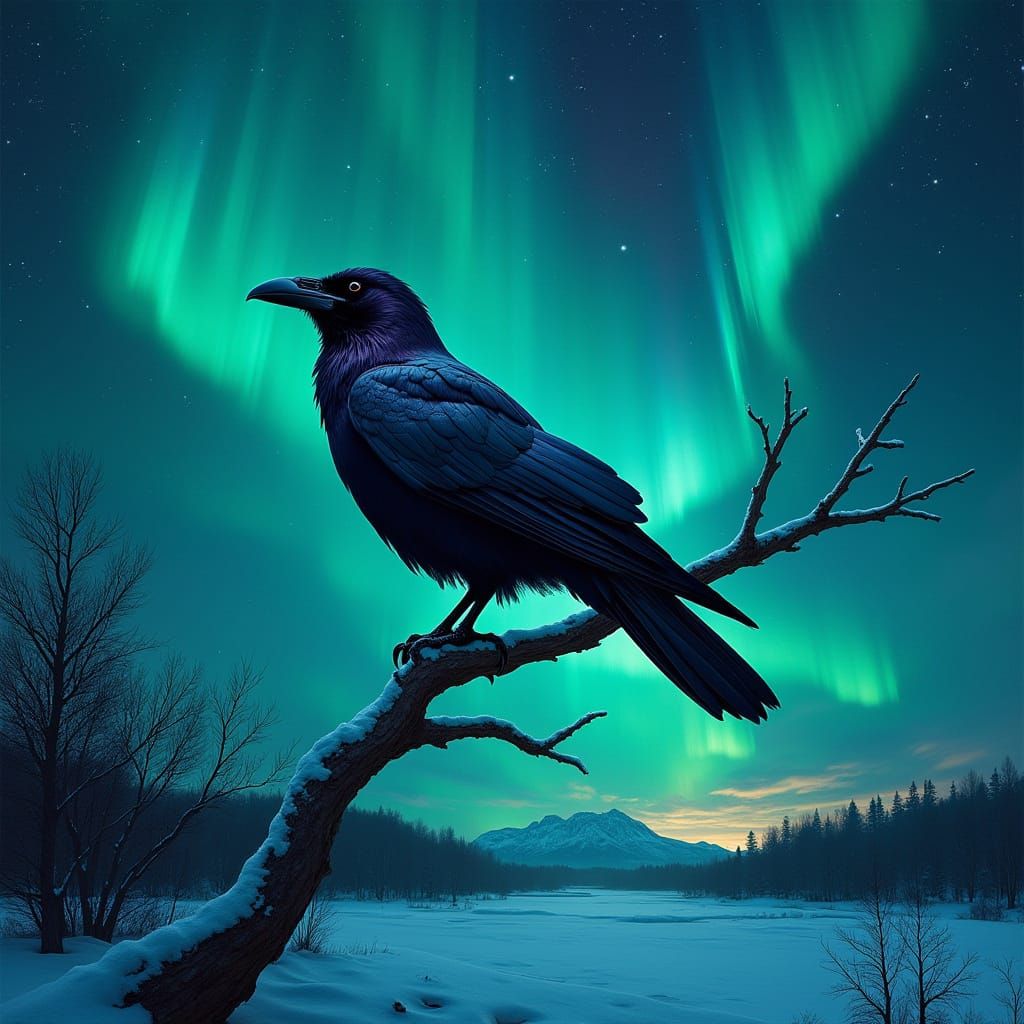 Majestic Raven Amidst Vibrant Northern Lights