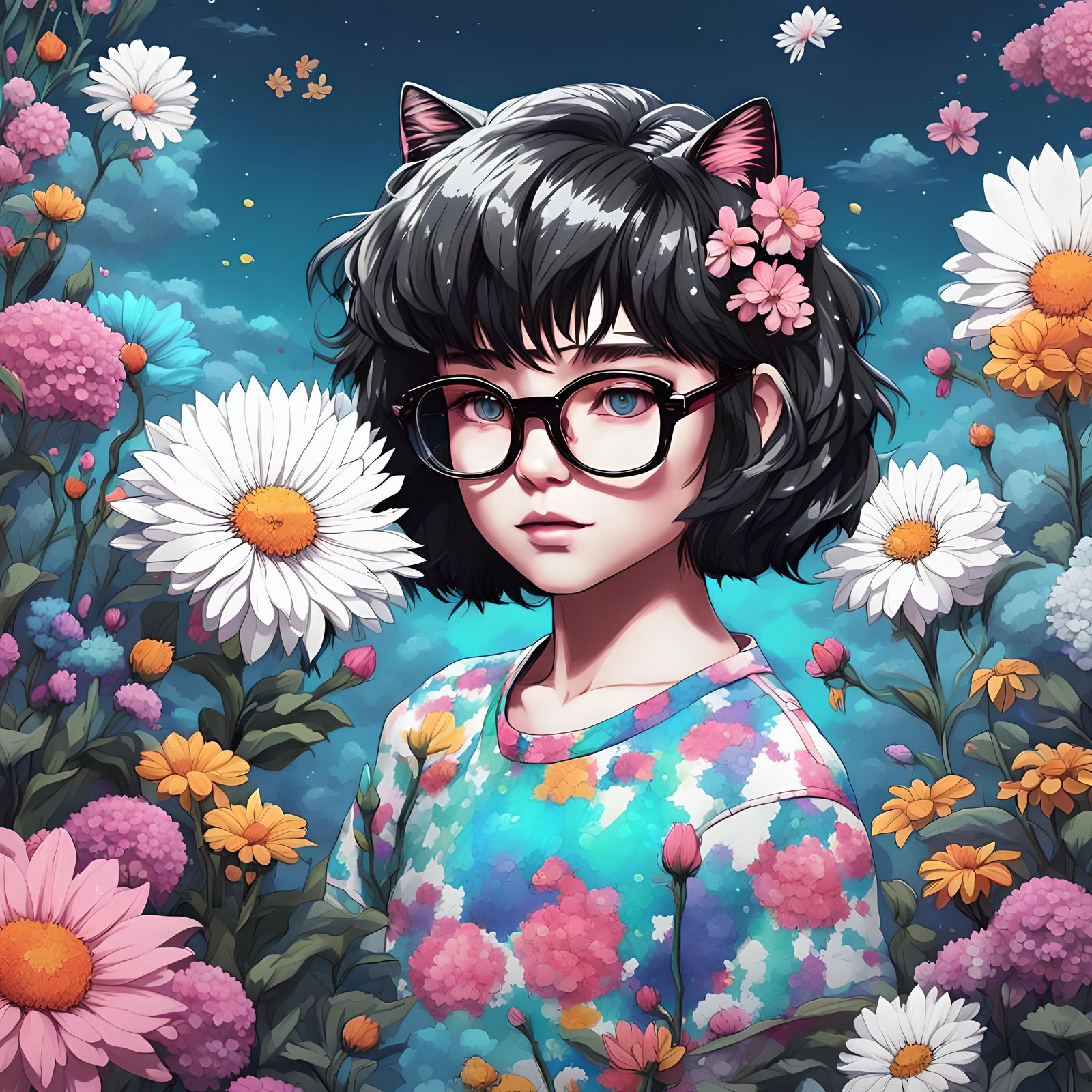 Cute Cat with Bob Haircut in 80s Anime Style