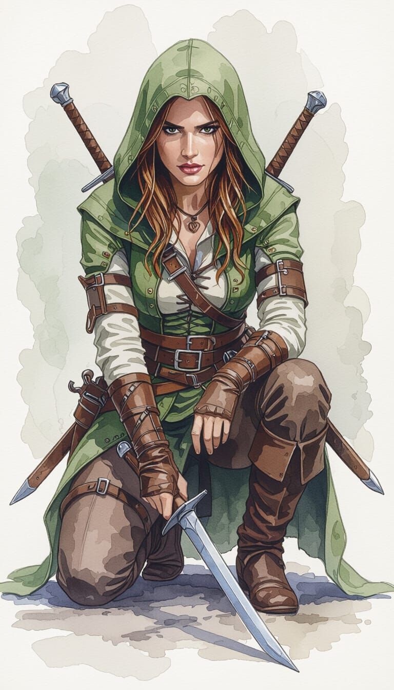 Medieval Fantasy Rogue Woman in Watercolour Style
