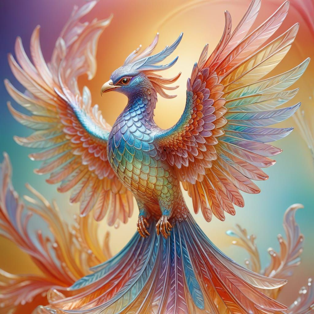Iridescent Glass Phoenix Sculpture in Art Deco Style