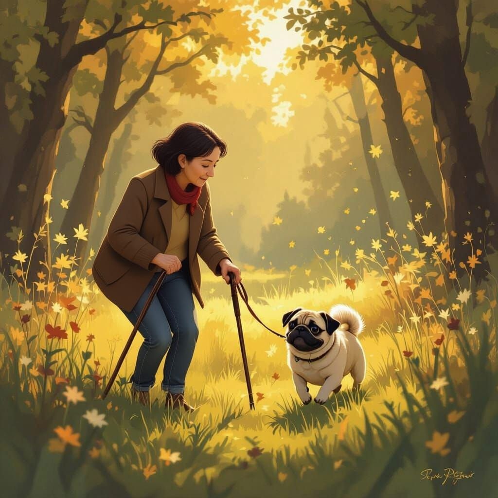 Woman with Cane and Pug Walk Through Wooded Field