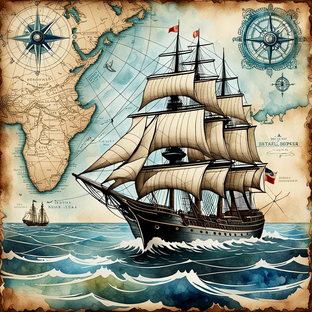 Vintage Ship Map in Watercolor Style