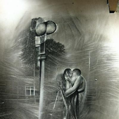 Romantic Charcoal Drawing: Kiss in the Rain