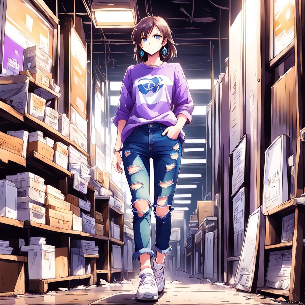 Anime Girl in Ripped Jeans: Manga-Style Digital Art