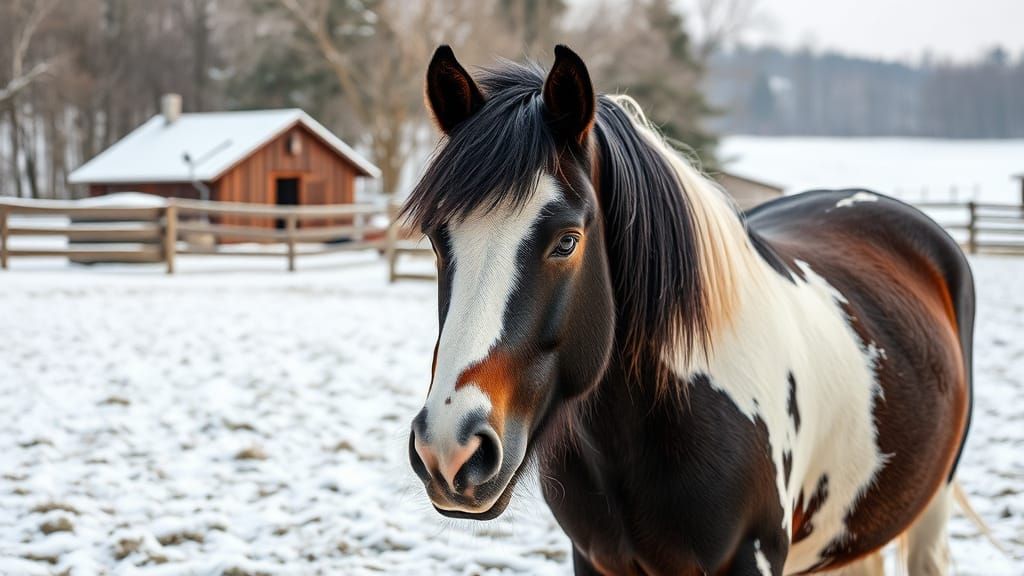 Elderly Pony in Winter Farm Scene